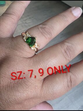 14k Gold Plated Women’s Ring with Green Heart Gem and Clear Accent Stones
